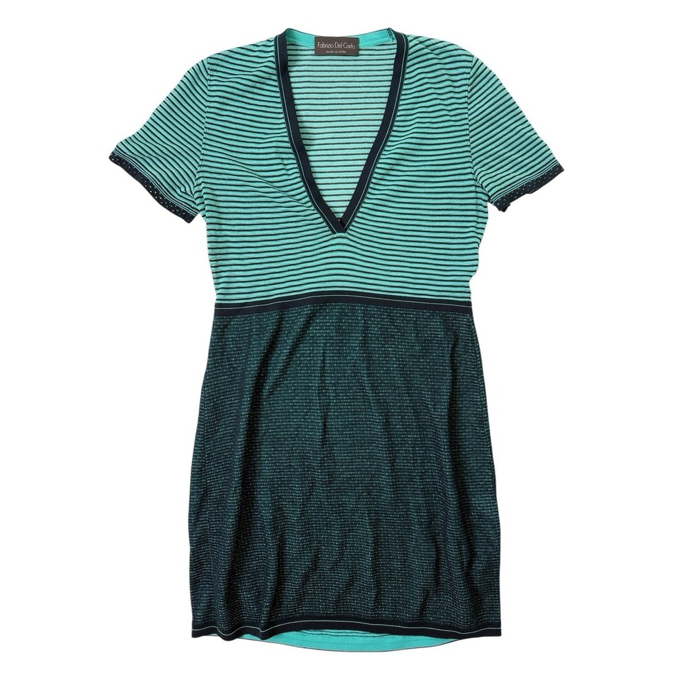 Fabrizio Del Carlo Womens Knit Dress Italy Green Black Stripes Size Large